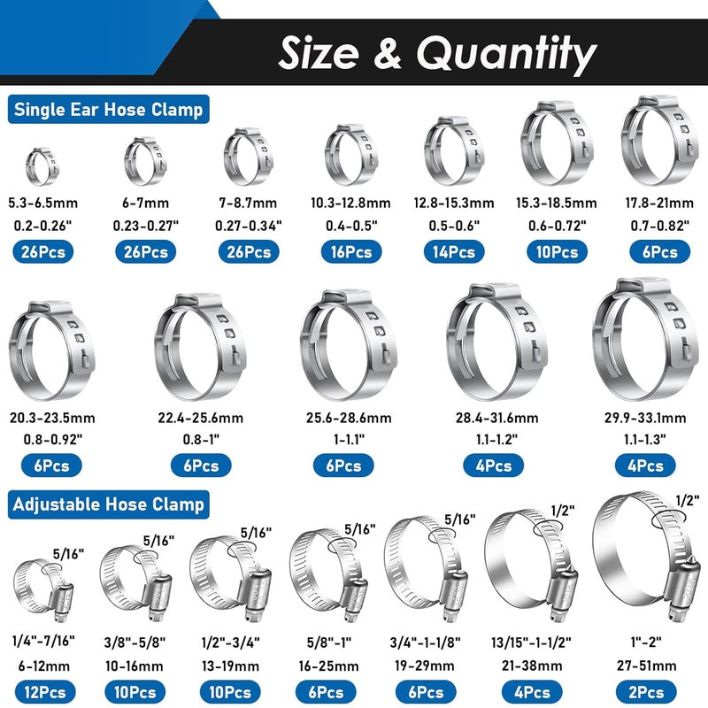Eoppen 200Pcs 19 Sizes 304 Stainless Steel Single Ear Hose Clamp with Ear Clamp Pincer 5.3-33.1mm & Adjustable 1/4Inch - 2Inch(6-51mm) Hose Clamp Assortment Kit for Automotive, Plumbing, Fuel Line - Image 2